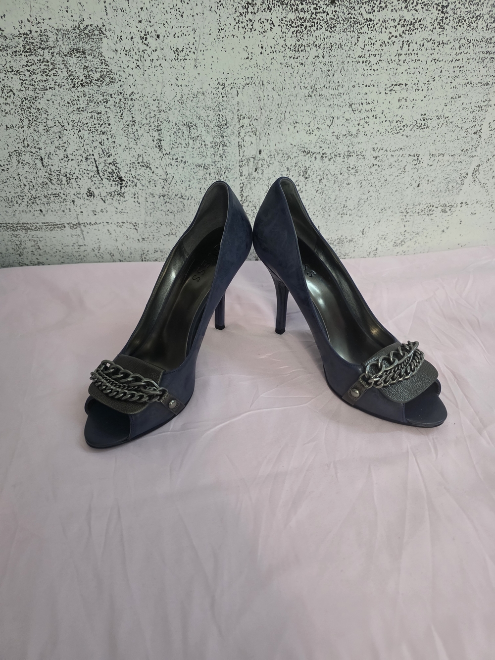 GUESS Navy Peep-Toe High Heels with Gunmetal Chain